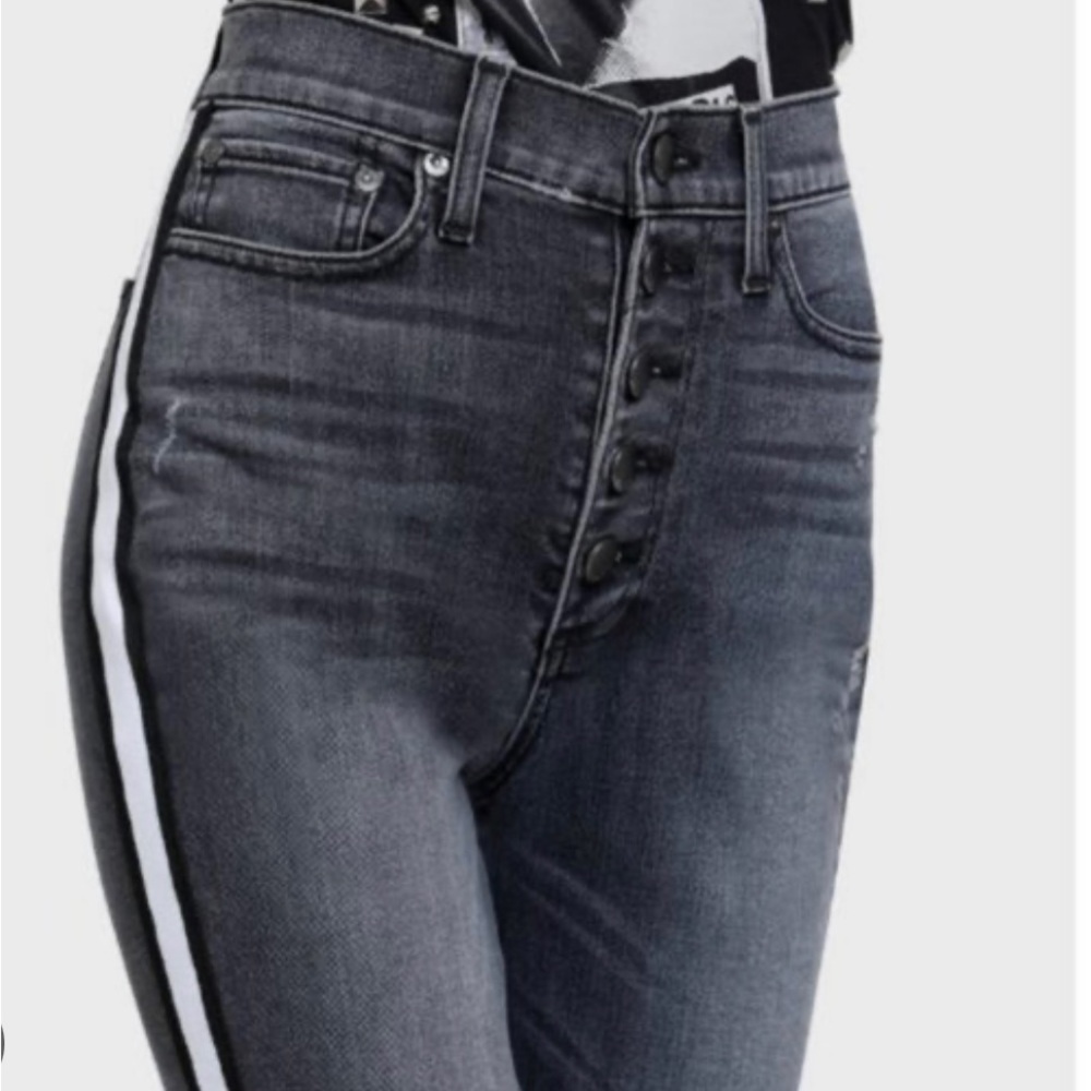 Alice and Olivia High-rise skinny jeans with button fly and side Strip. …